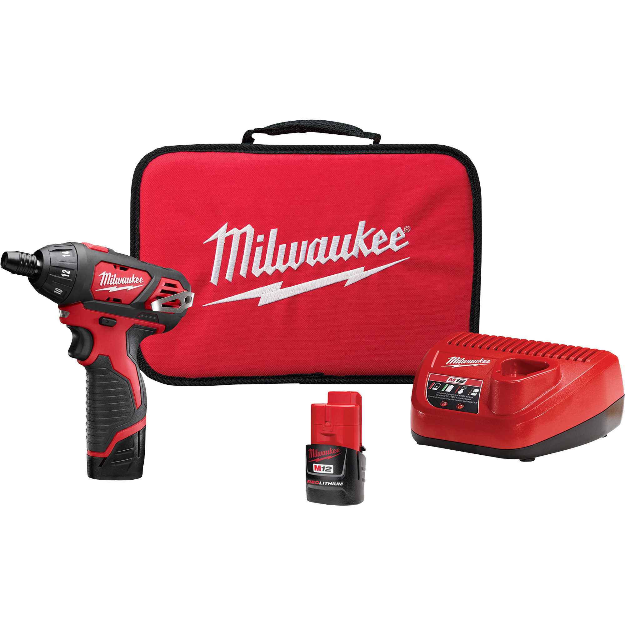 Milwaukee M12 Hex Screwdriver Kit, 2 Batteries, 1/4in. Keyless Chuck, 500 RPM, Model# 2401-22